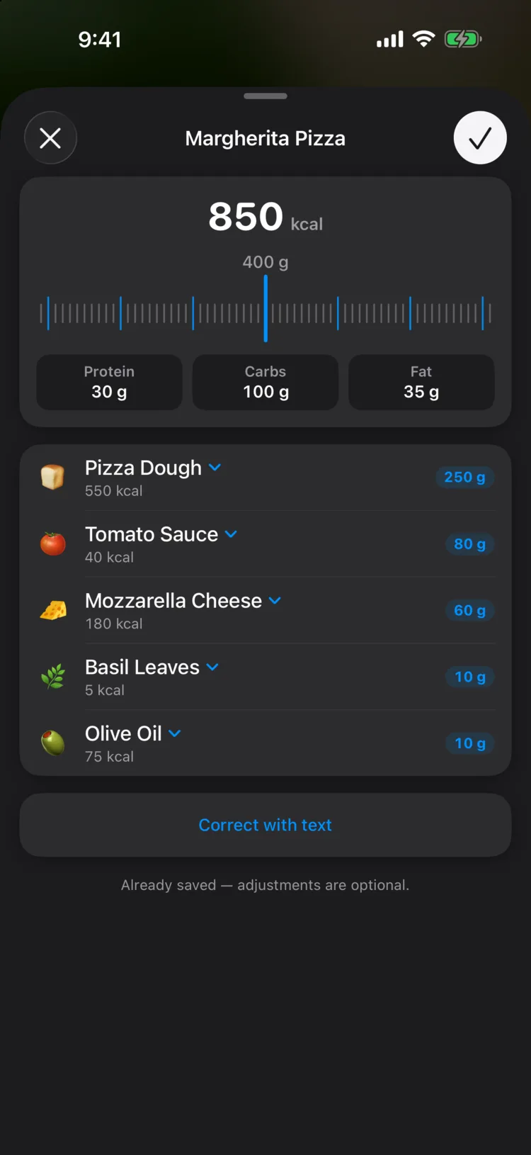 Das Scan‑Ergebnis: Margherita‑Pizza, 850 kcal, Zutaten mit geöffneter Auswahl